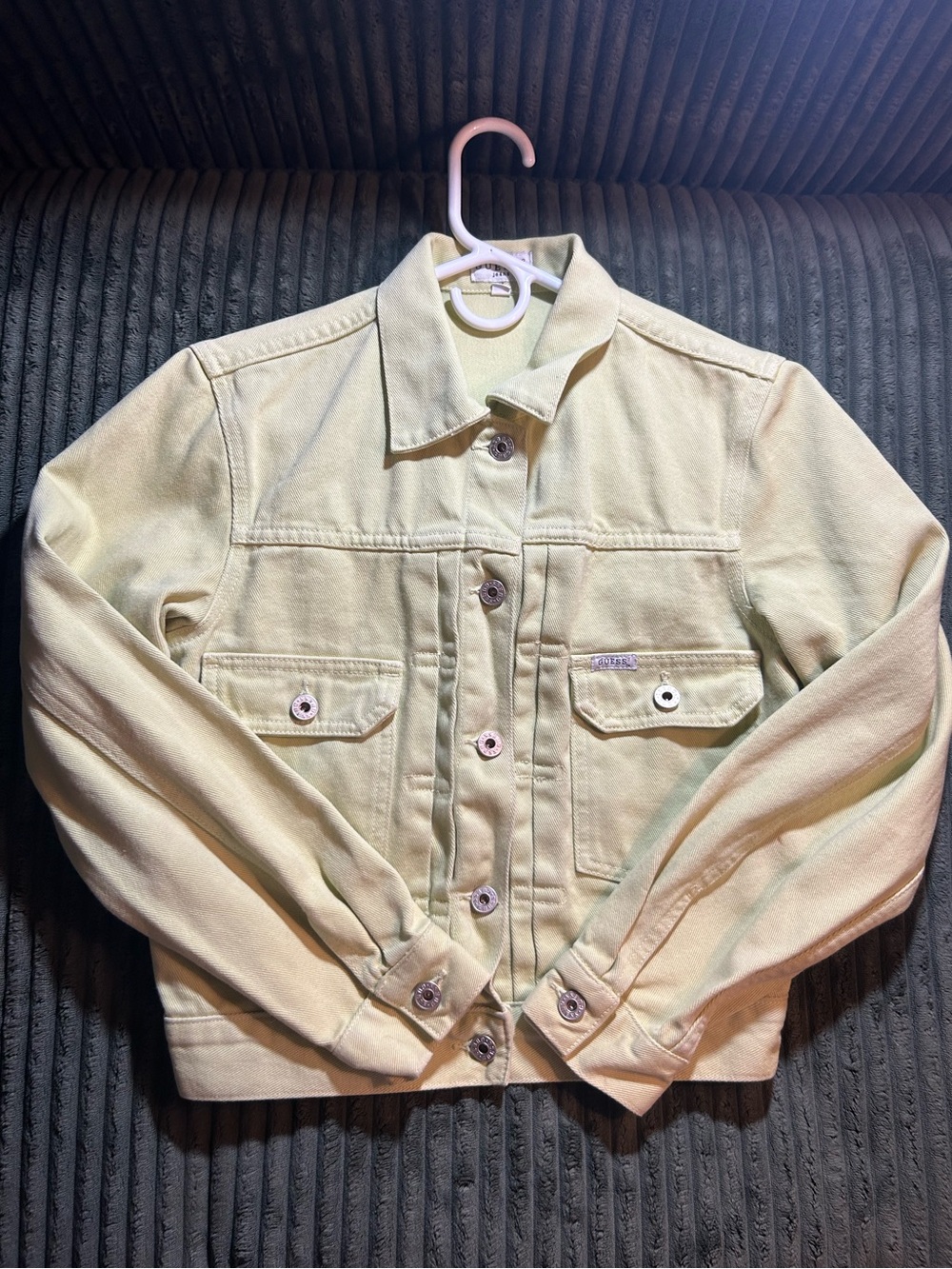 vintage 90s GUESS pastel green trucker type two style denim jacket style 43874A
